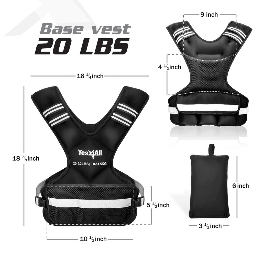 Black weighted vest showing dimensions, reflective center stripe, and adjustable straps