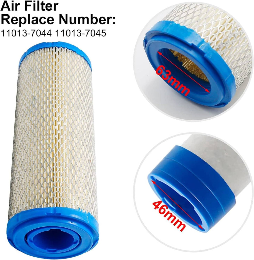 Air filter cartridge pleated mesh media with blue seal rings, close-up with measurement marks.