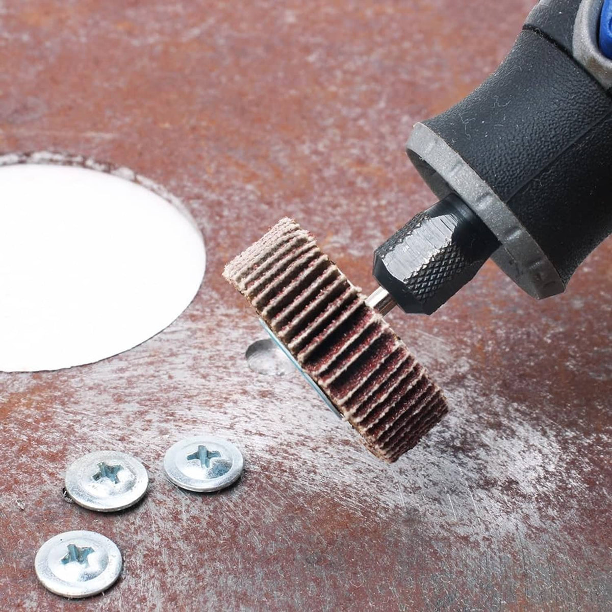 Drill-mounted flap sanding wheel, 80-grit abrasive on metal mandrel