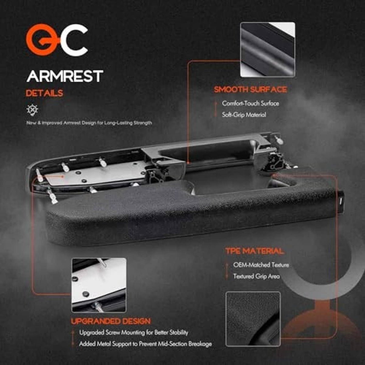 Black armrest replacement with smooth textured top and mounting components shown.