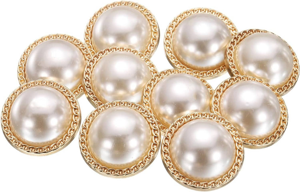 Round pearl-look gold sewing buttons, glossy pearl centers with gold braided border