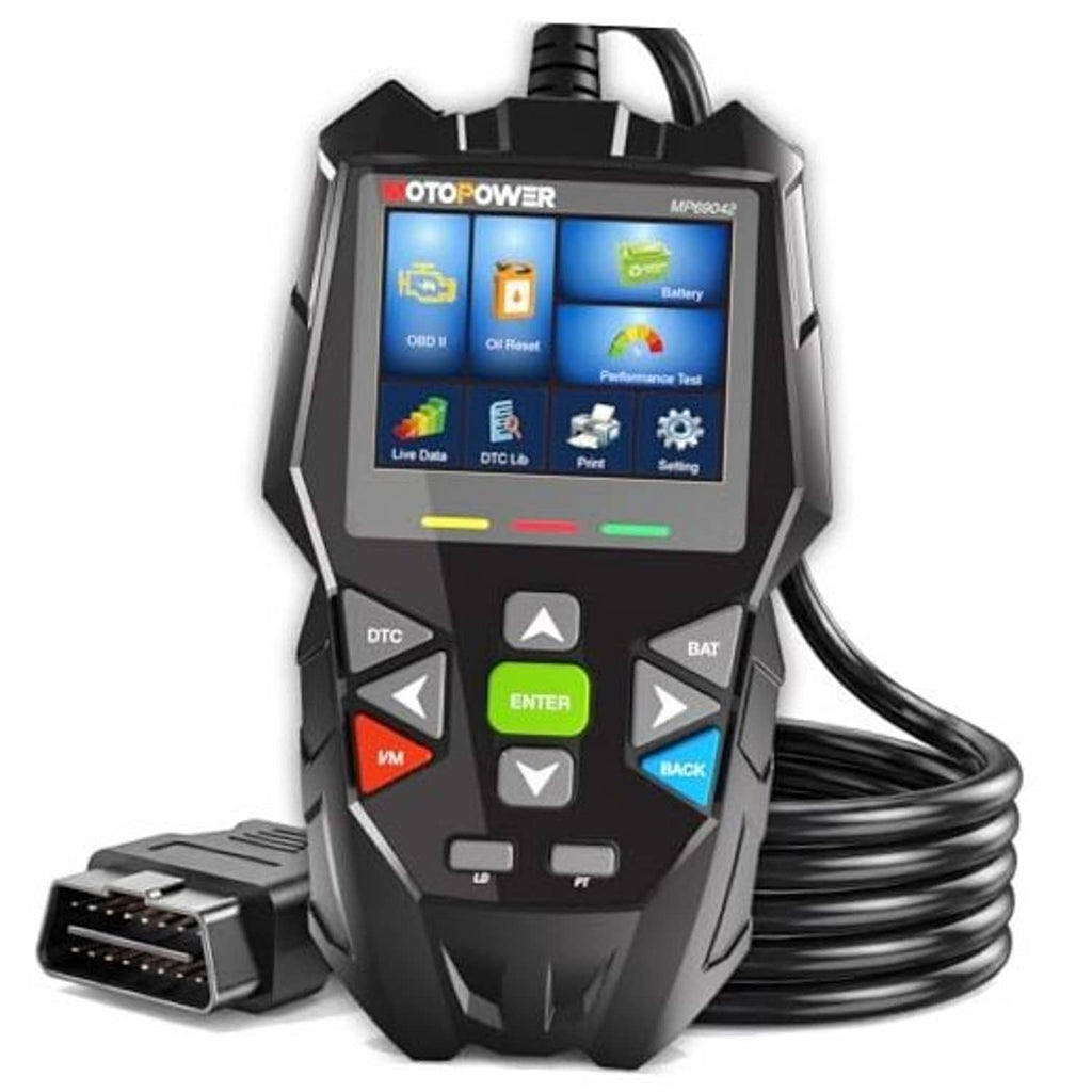 Car OBD diagnostic code reader scanner with MOTOPOWER display and button keypad, cables attached