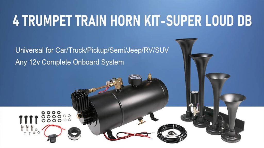 4-trumpet train air horn kit with black air tank and four trumpet horns