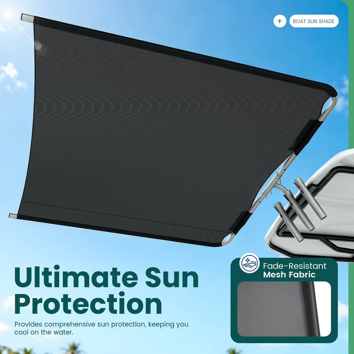 Black mesh sun shade panel with curved corners and aluminum support legs