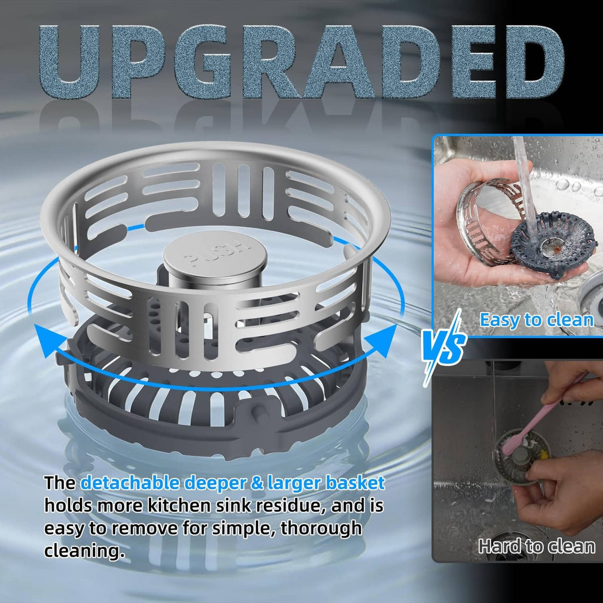 Kitchen sink drain strainer basket with detachable deeper, larger filter design