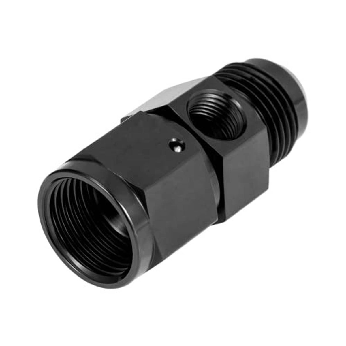 Black male-to-female swivel AN fitting with external thread on one end