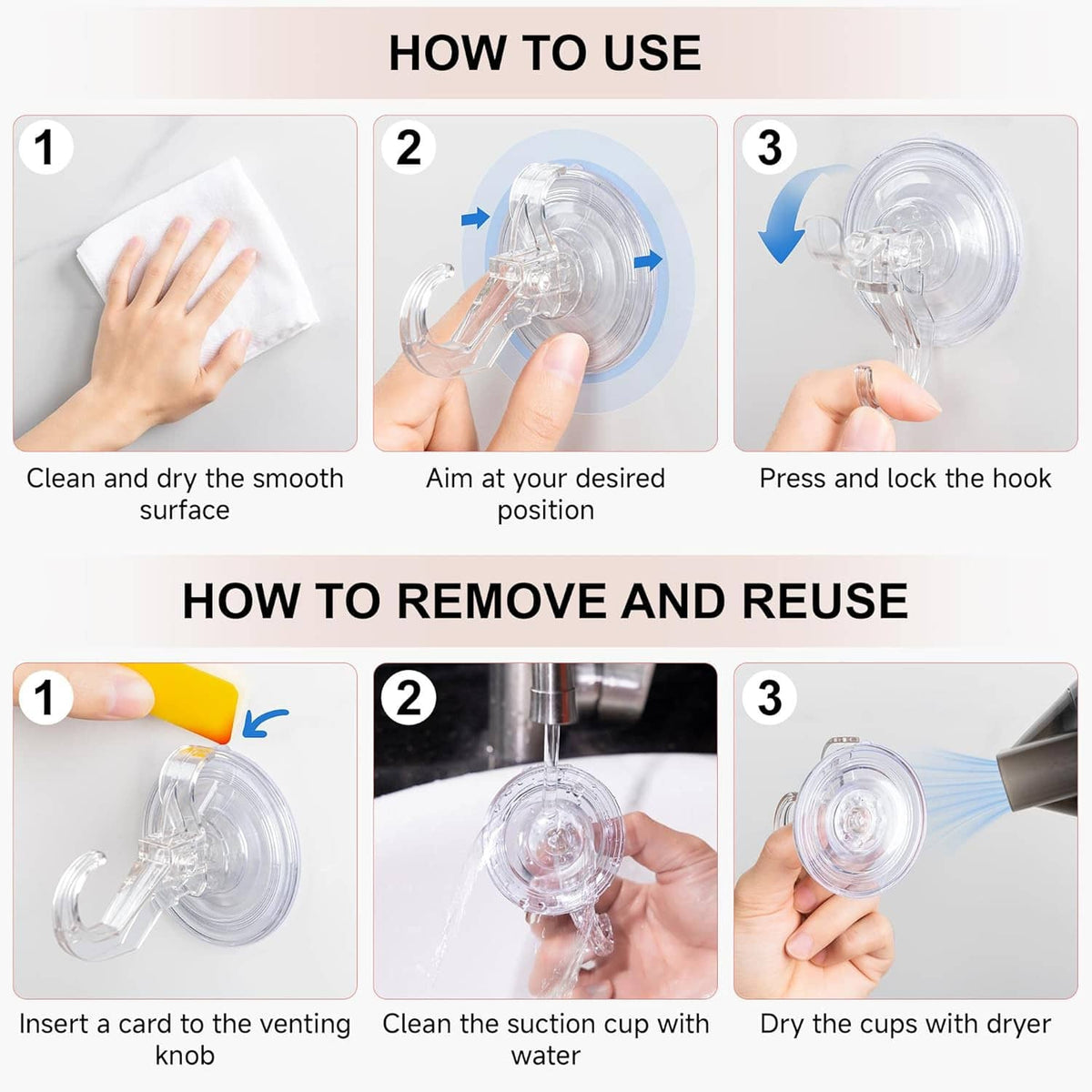 Transparent suction cup shower hook installation and removal steps with hand pressing
