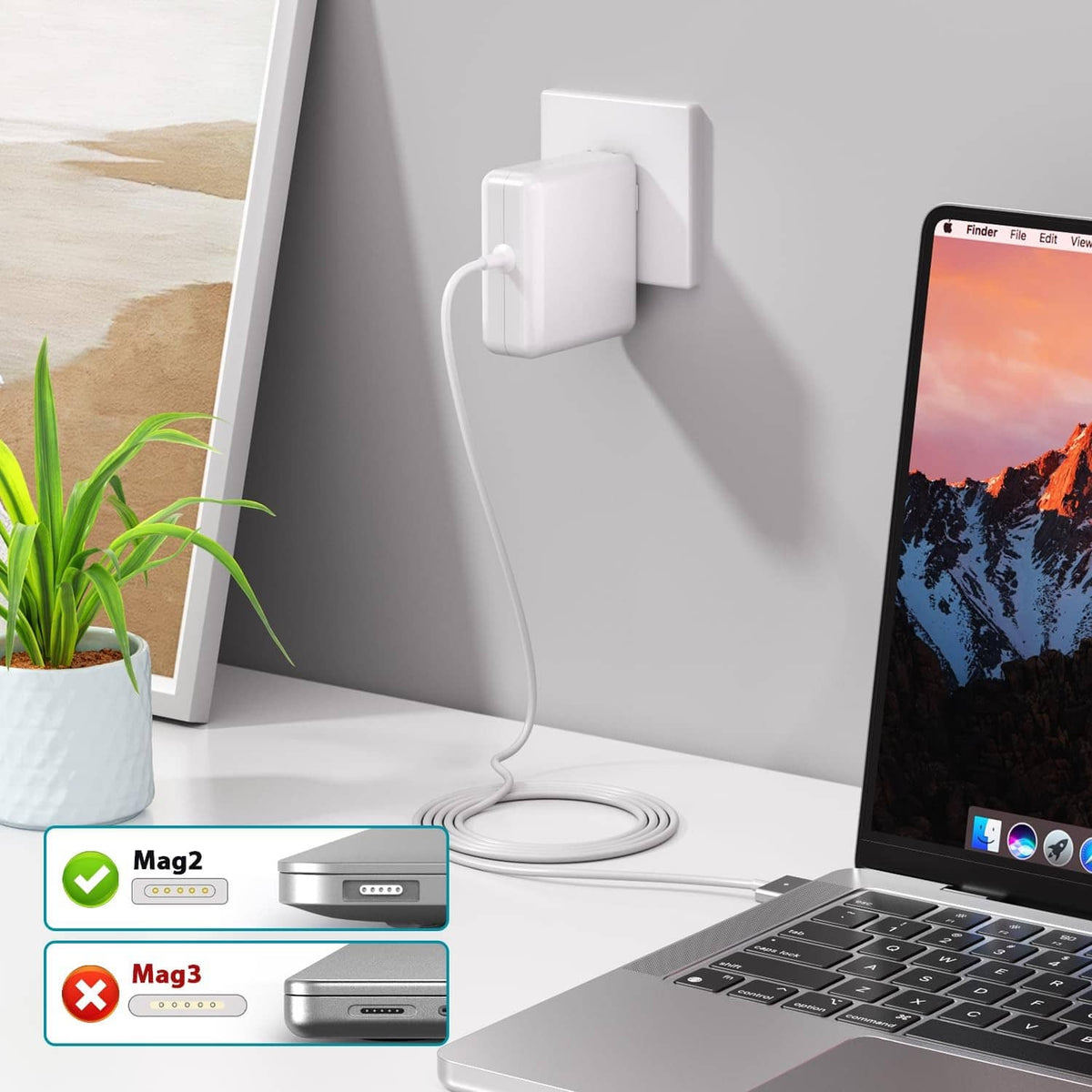White wall-mounted charger adapter with cable connected to a laptop