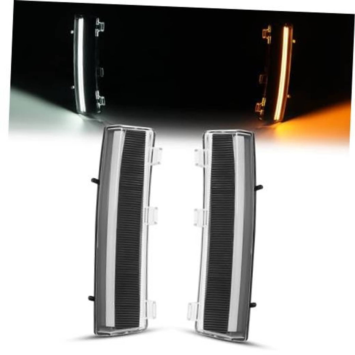 Pair turn signal lights with clear lens and black housings, front view, unlit