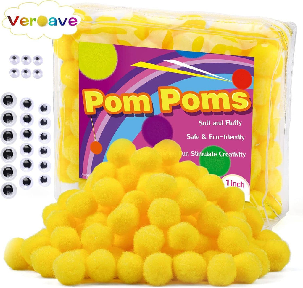 Pack of yellow pom poms with pom-ball pile spilling from clear plastic pouch