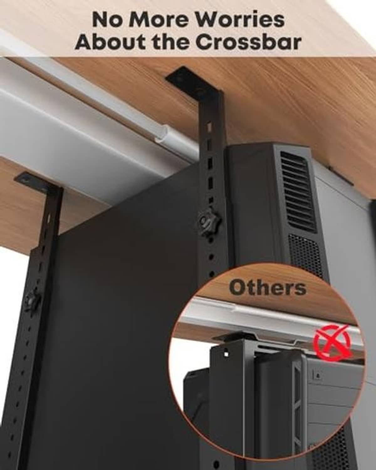 Under-desk PC mount with black crossbar detail near vented bracket