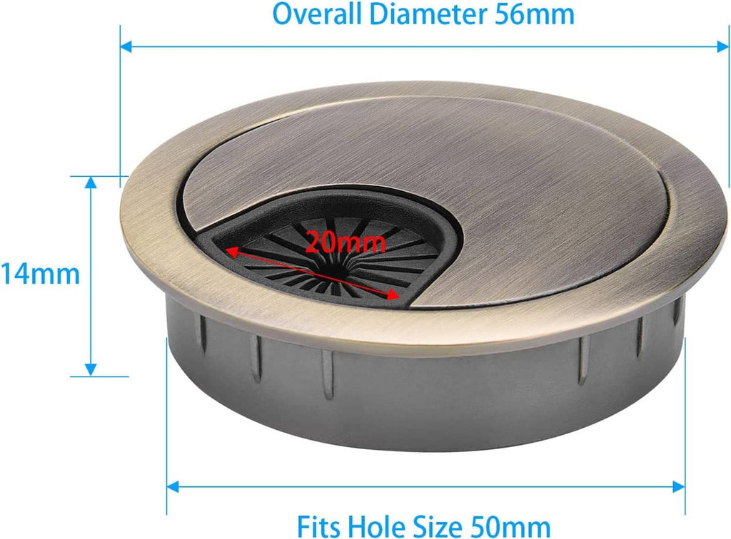 Round bronze desk grommet with black insert, shown with hole-fit measurements diagram