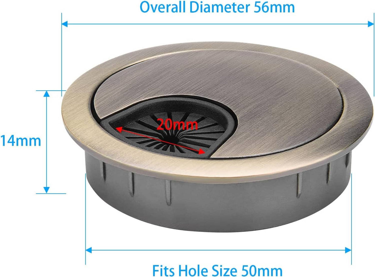 Round bronze desk grommet with black insert, shown with hole-fit measurements diagram