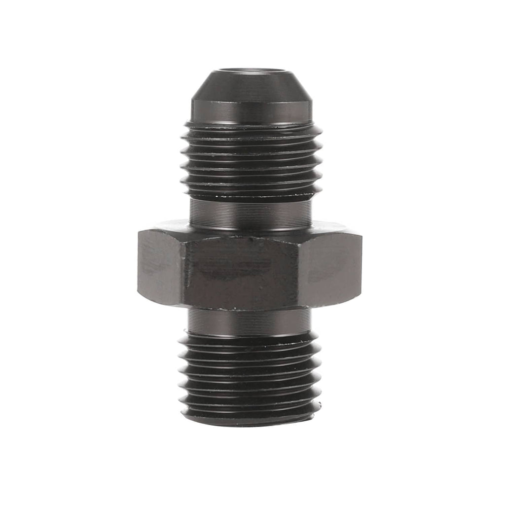 Fuel line adapter fitting with black hex ends and threaded connection ports.
