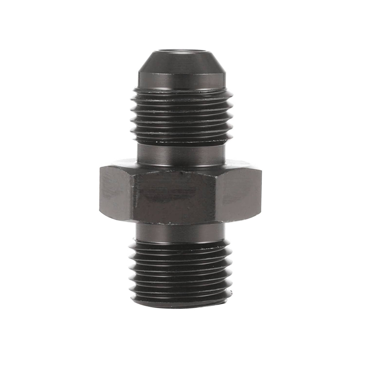Fuel line adapter fitting with black hex ends and threaded connection ports.