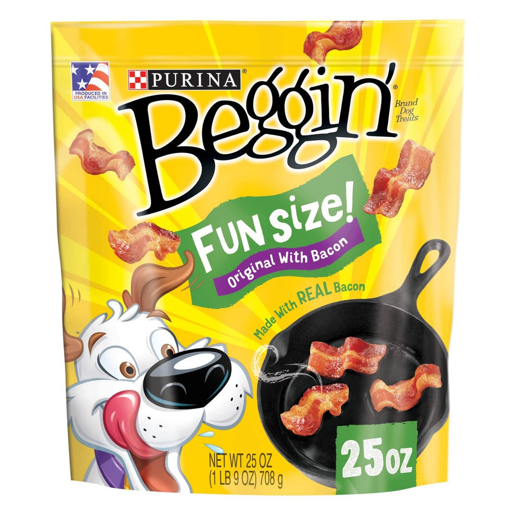 Dog treat pouch, yellow with bacon strips and 25 oz label, original bacon flavor