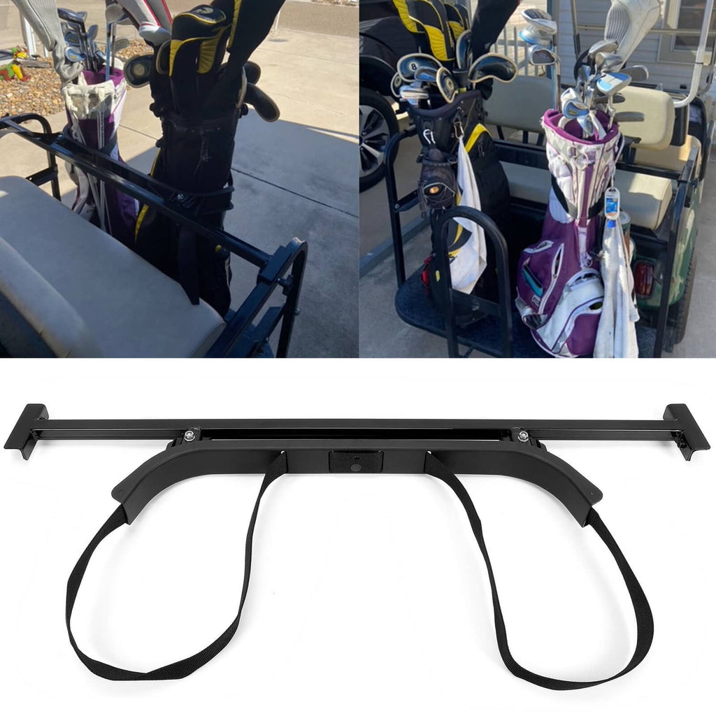 Black bag holder bracket with two straps shown installed on a golf cart
