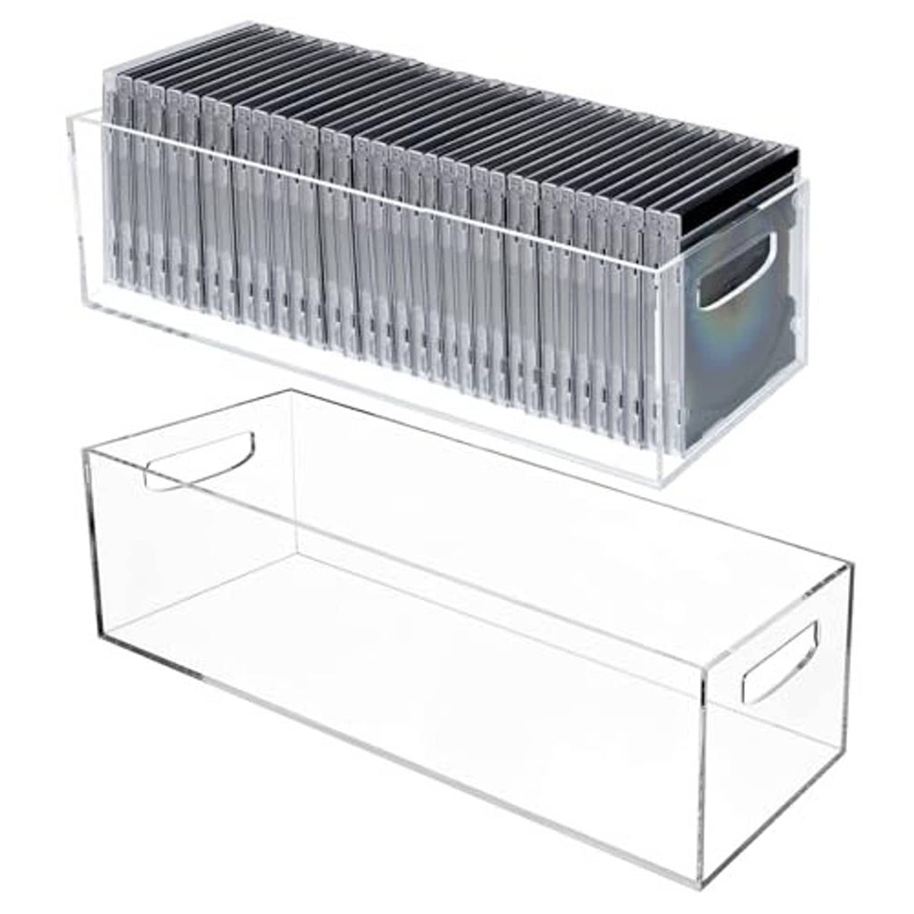 Clear acrylic disc storage box with gray dividers and side carry handle