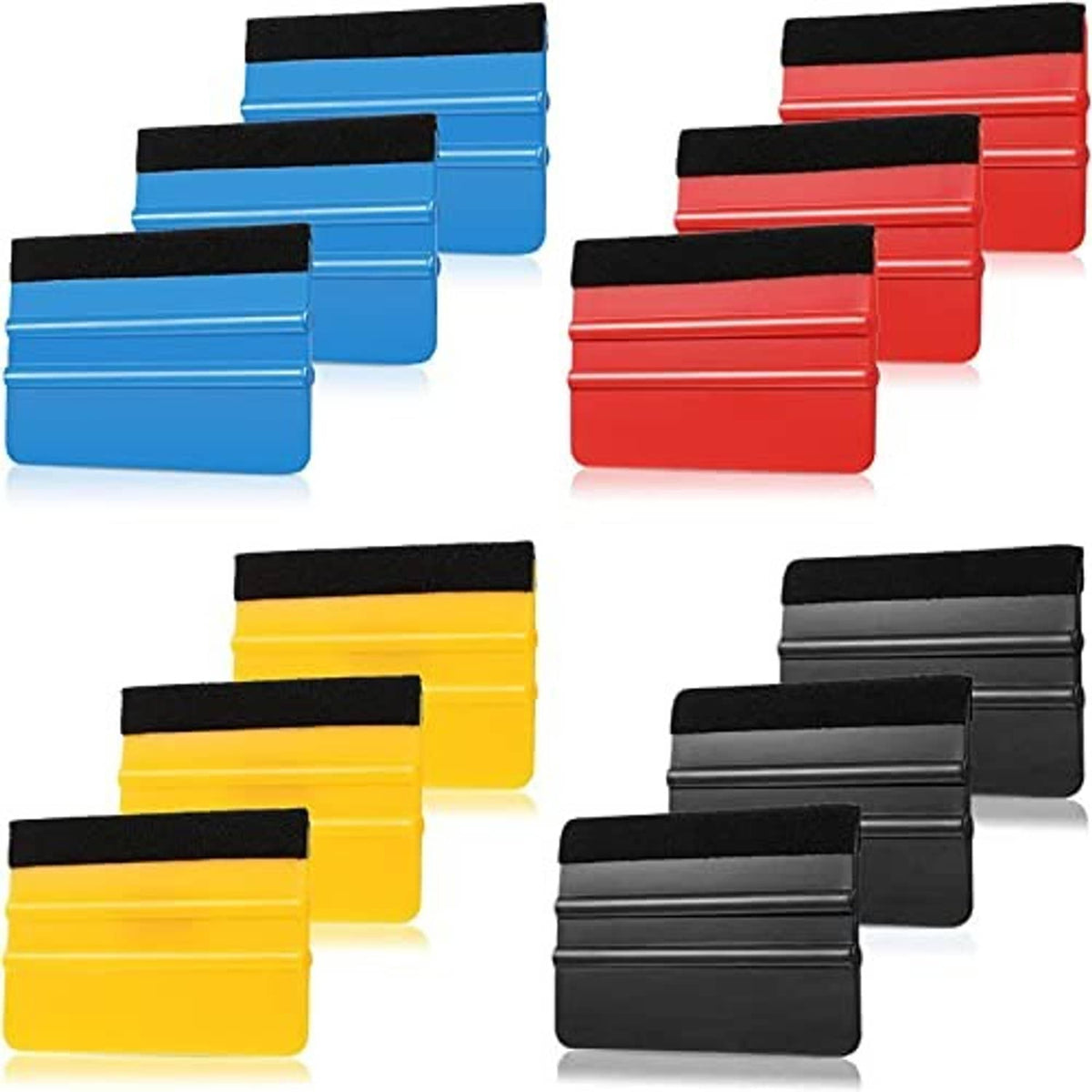 Set of felt-edge vinyl squeegees, assorted colors: blue, red, yellow, and black