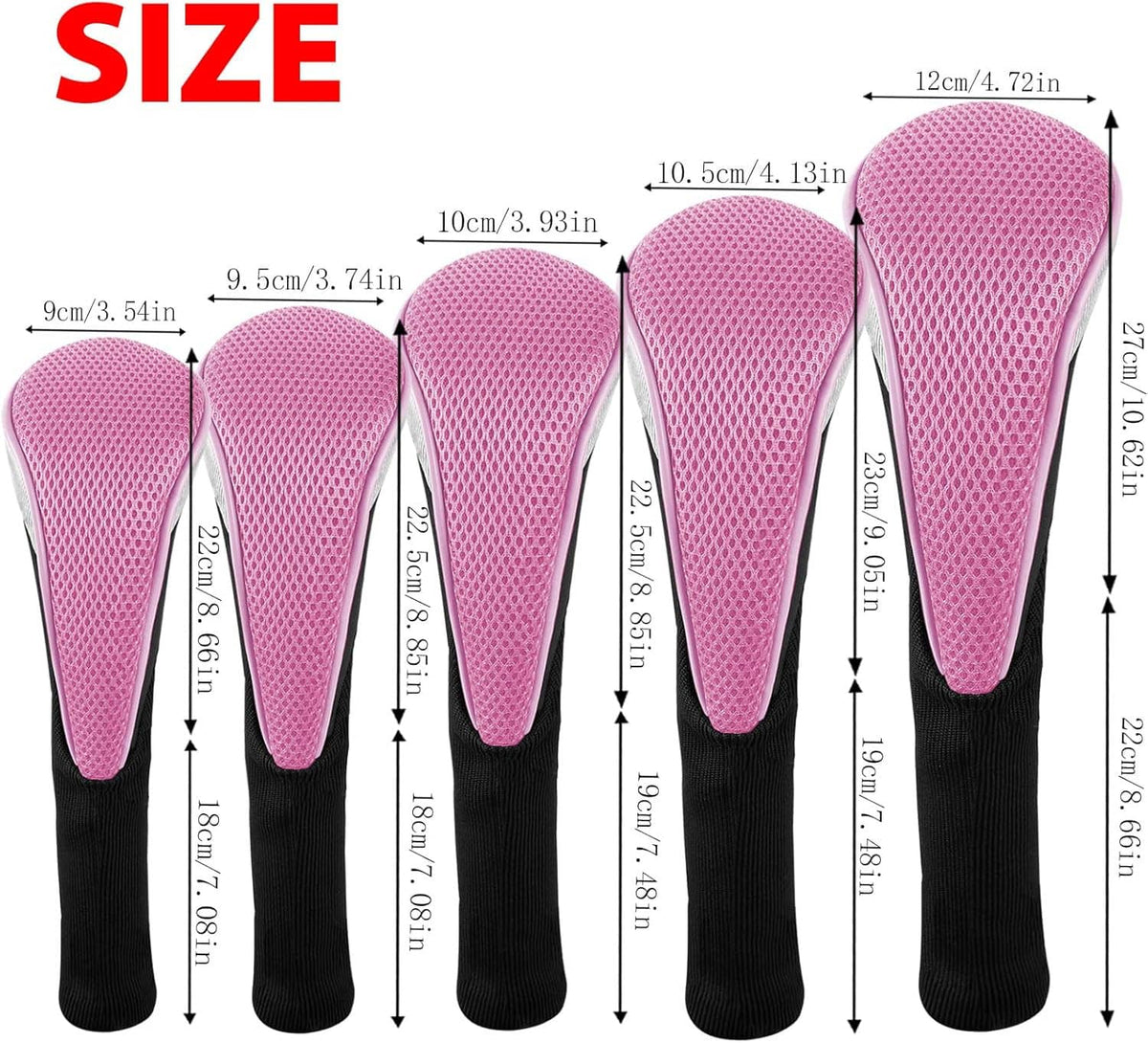 Five pink mesh golf head covers with black long necks and size dimensions