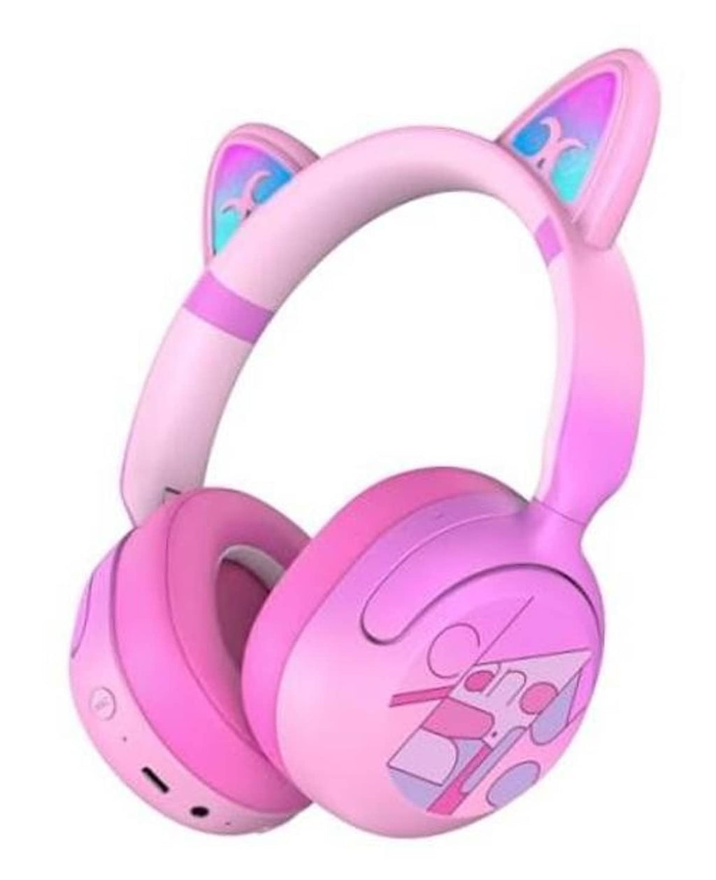 Kids pink over-ear Bluetooth headphones with LED cat ears and padded ear cushions