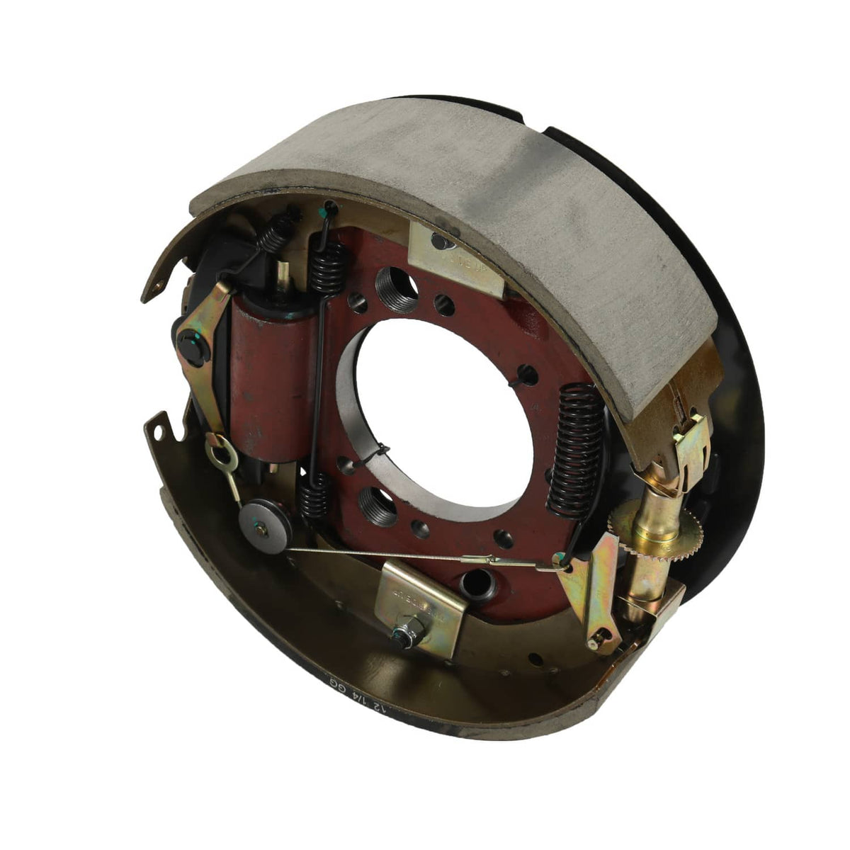 Hydraulic trailer brake drum assembly with large curved shoe and red actuator housing