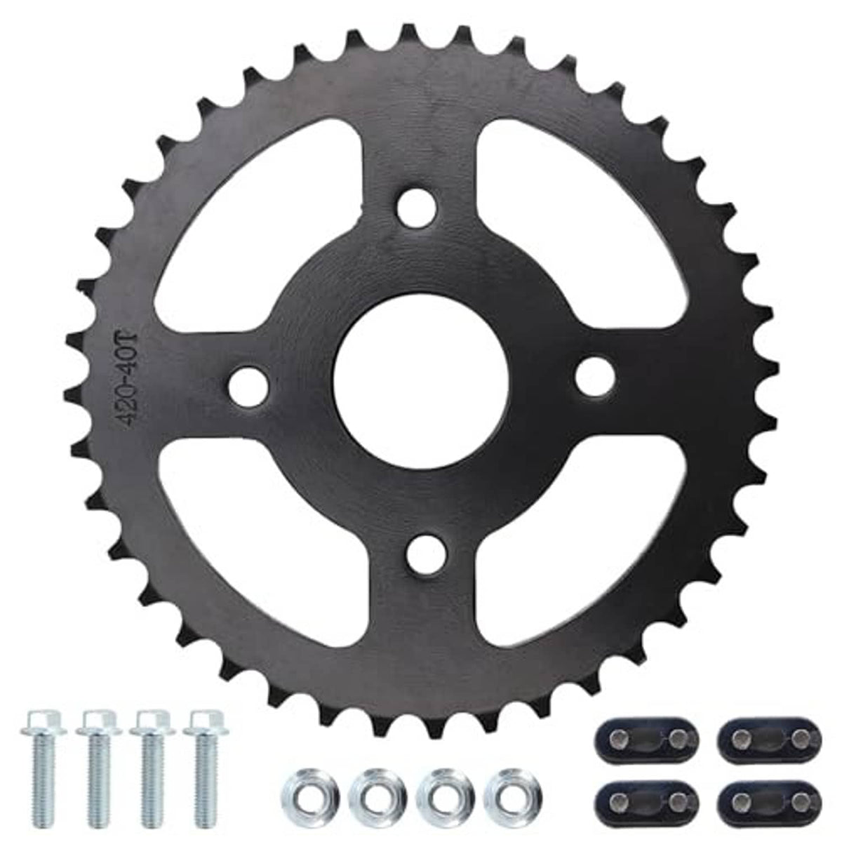 Black 40T 420 chain sprocket with mounting hardware pieces