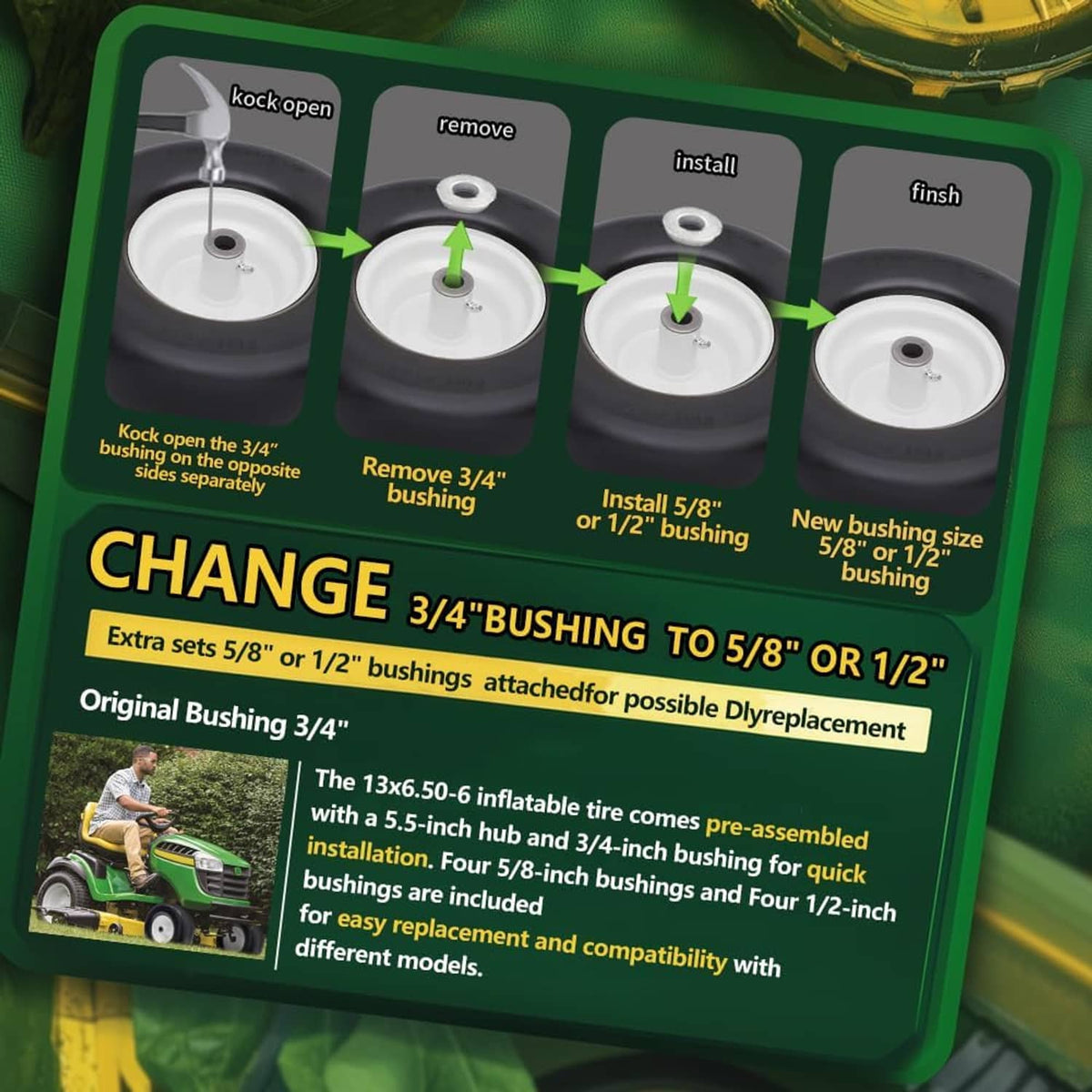 Bushing change installation diagram for 13x6.50-6 solid tire and wheel