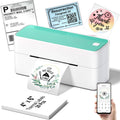 White thermal label printer with mint-green top and front label slot
