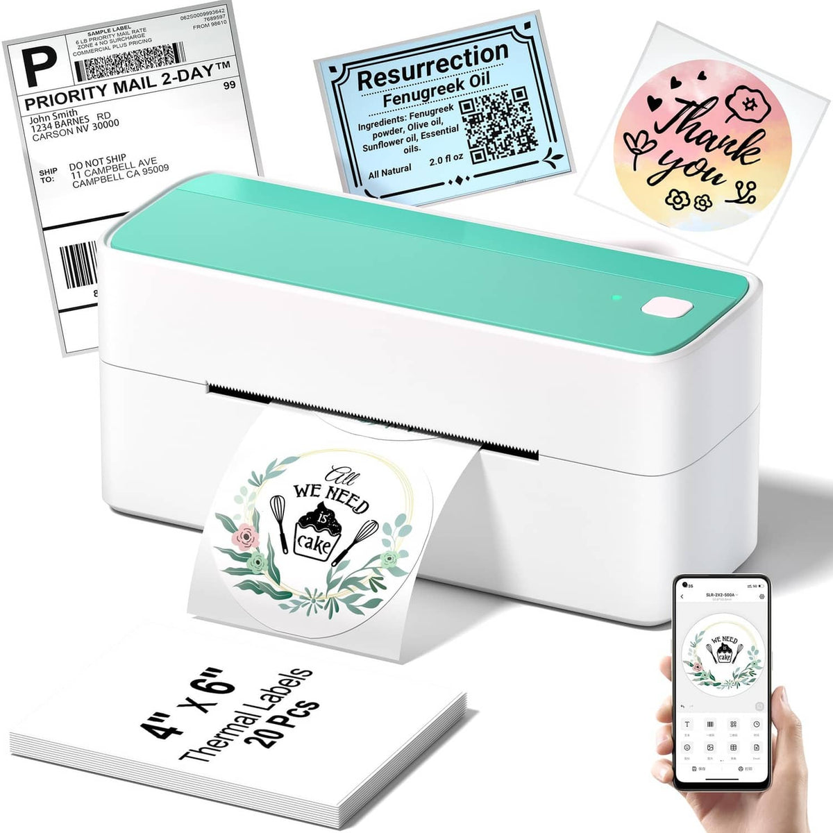 White thermal label printer with mint-green top and front label slot