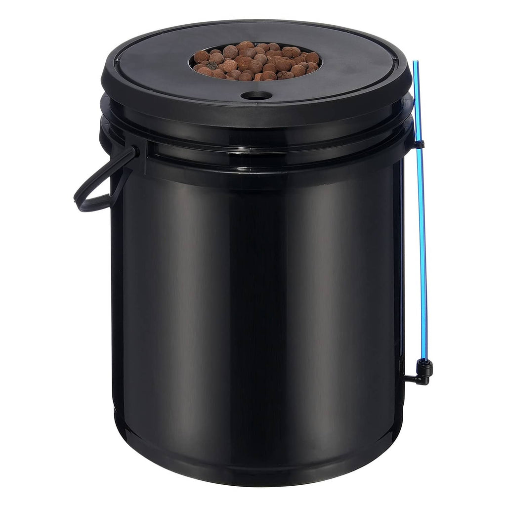 Single black DWC hydroponic bucket with circular lid and blue air tube