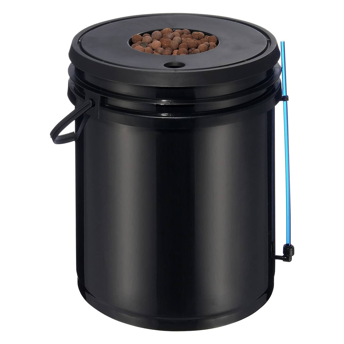 Single black DWC hydroponic bucket with circular lid and blue air tube