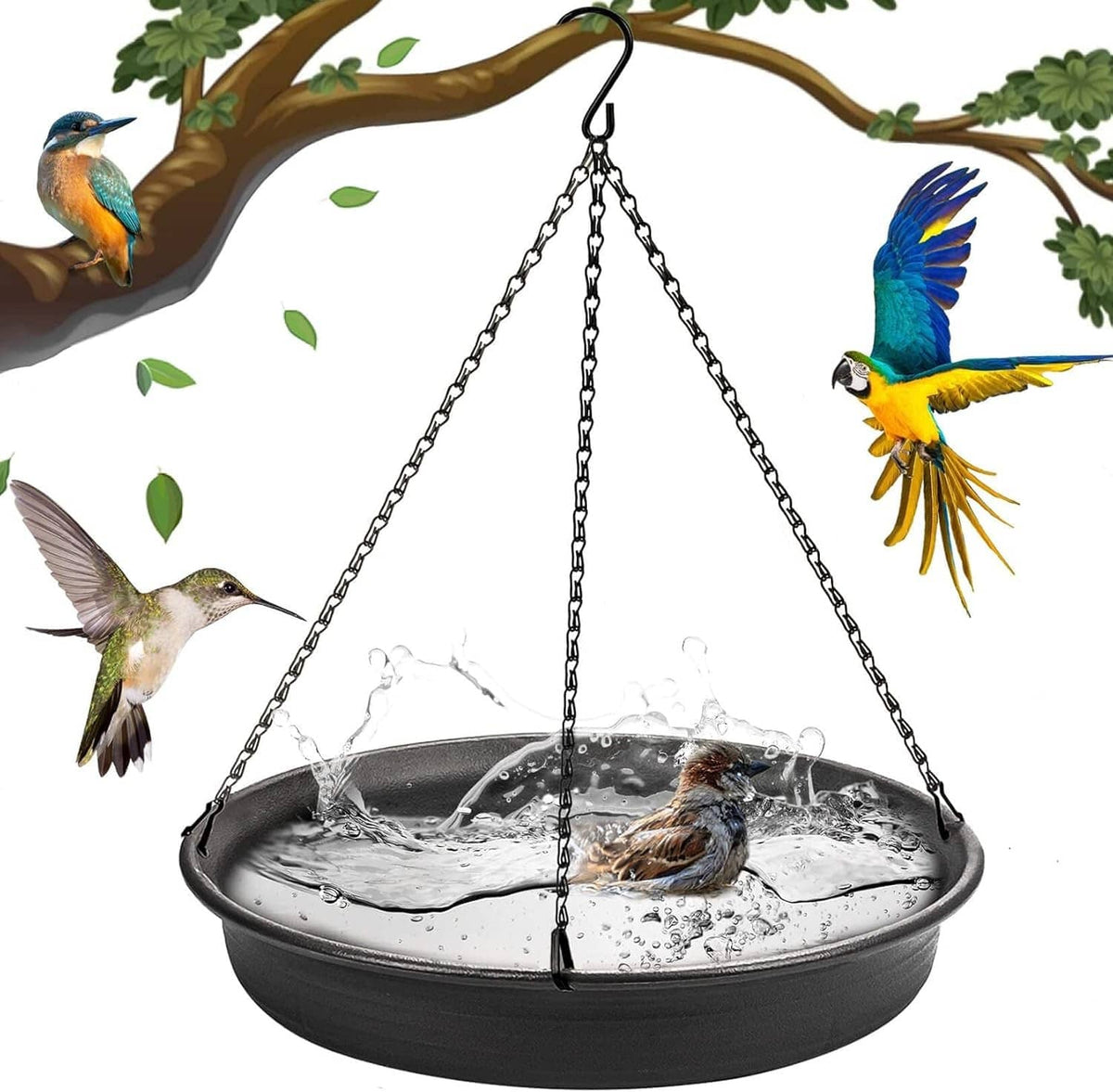 Dark grey hanging bird bath feeder tray with chain and S-hook