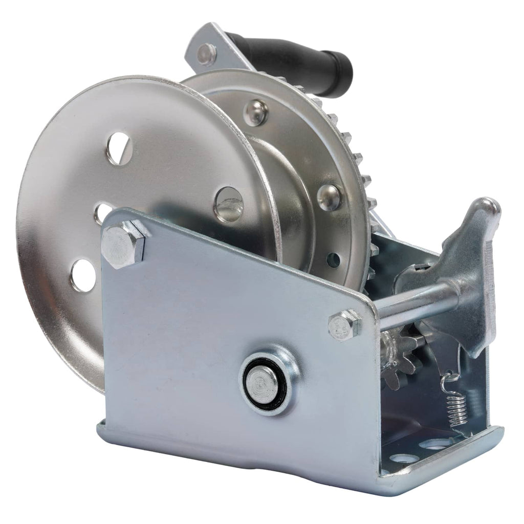 Winch ratchet drum and galvanized housing with mounting spring and base plate