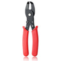 Strain relief bushing pliers with black jaws and red insulated handles, safety lock