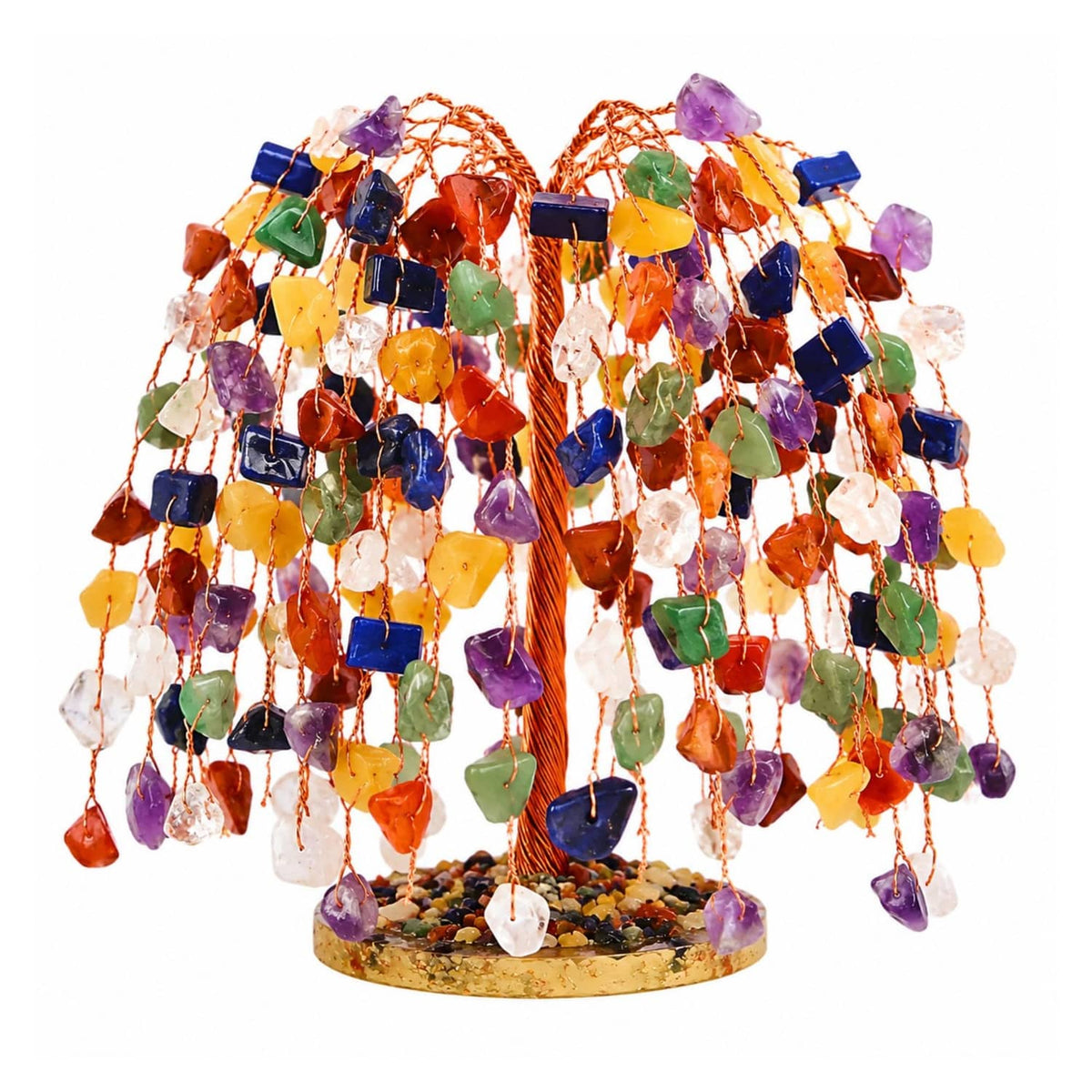 Multicolor chakra crystal tree with copper wire bead strands on stone slice base