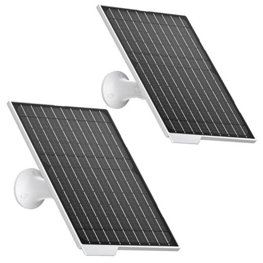 Solar panel set with two black panels and white wall mounts, angled for installation