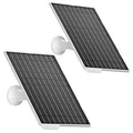 Solar panel set with two black panels and white wall mounts, angled for installation