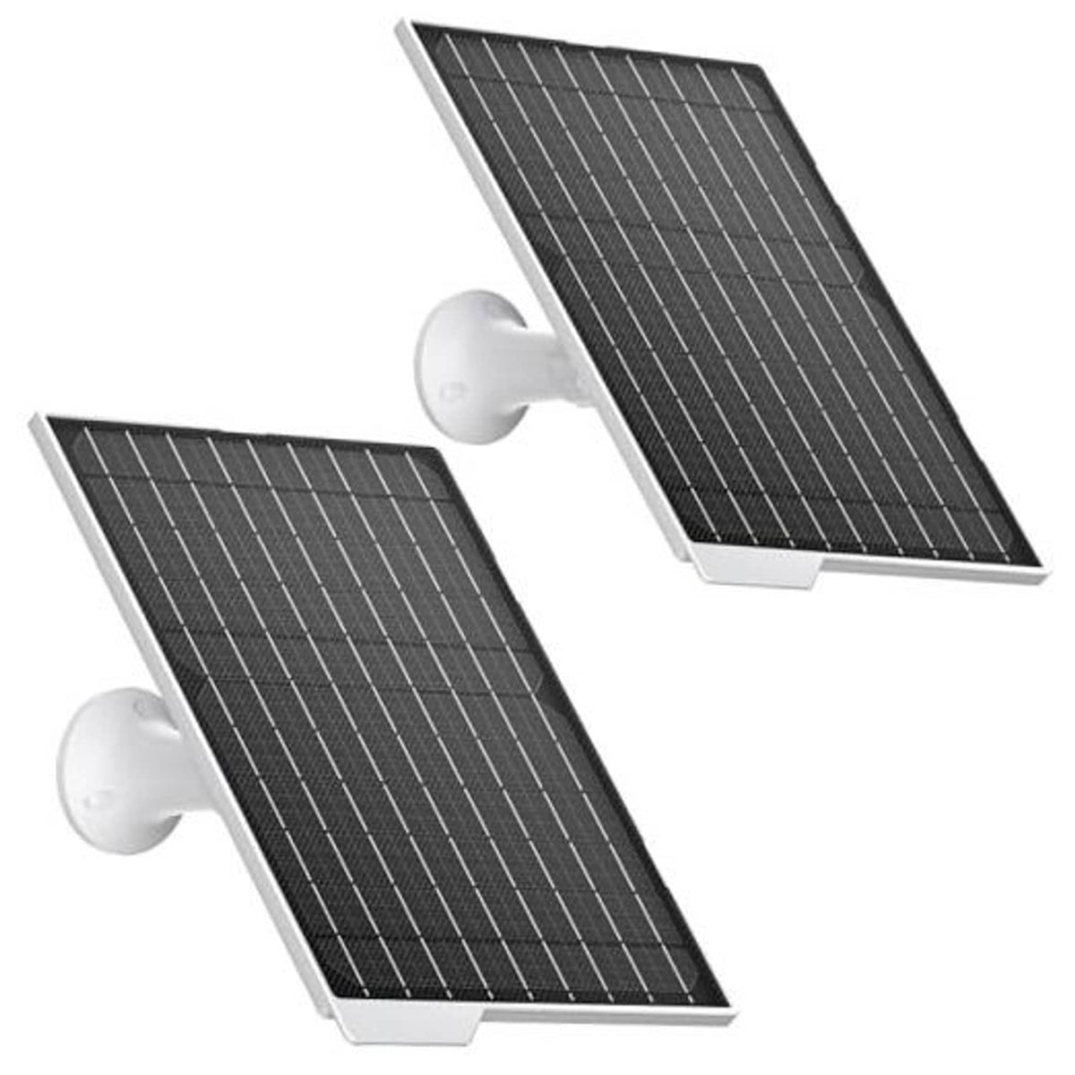 Solar panel set with two black panels and white wall mounts, angled for installation