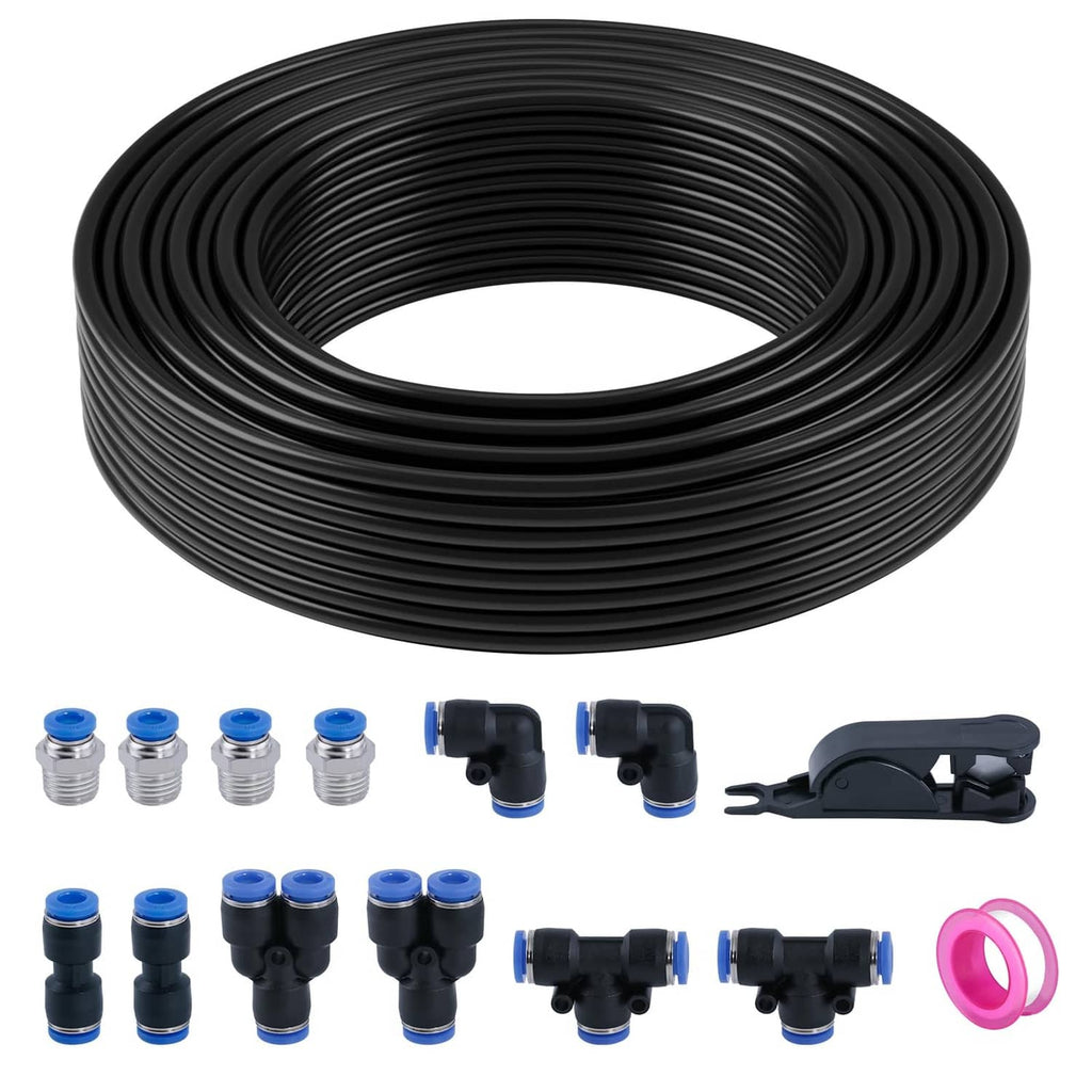 Black air hose coil with blue push fittings, metal adapters, and mounting clip