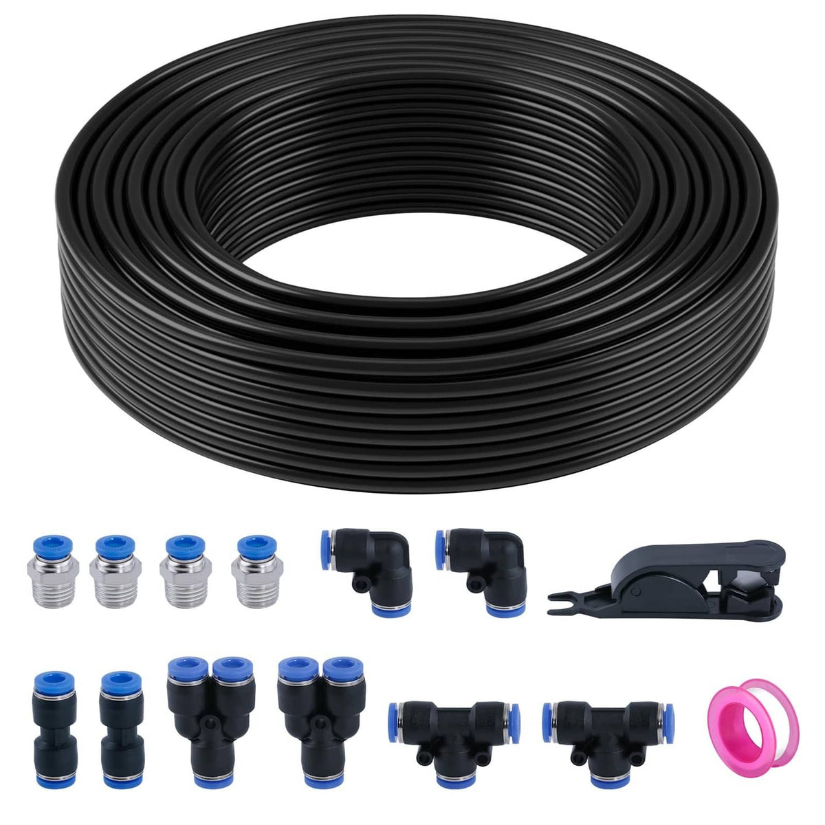 Black air hose coil with blue push fittings, metal adapters, and mounting clip