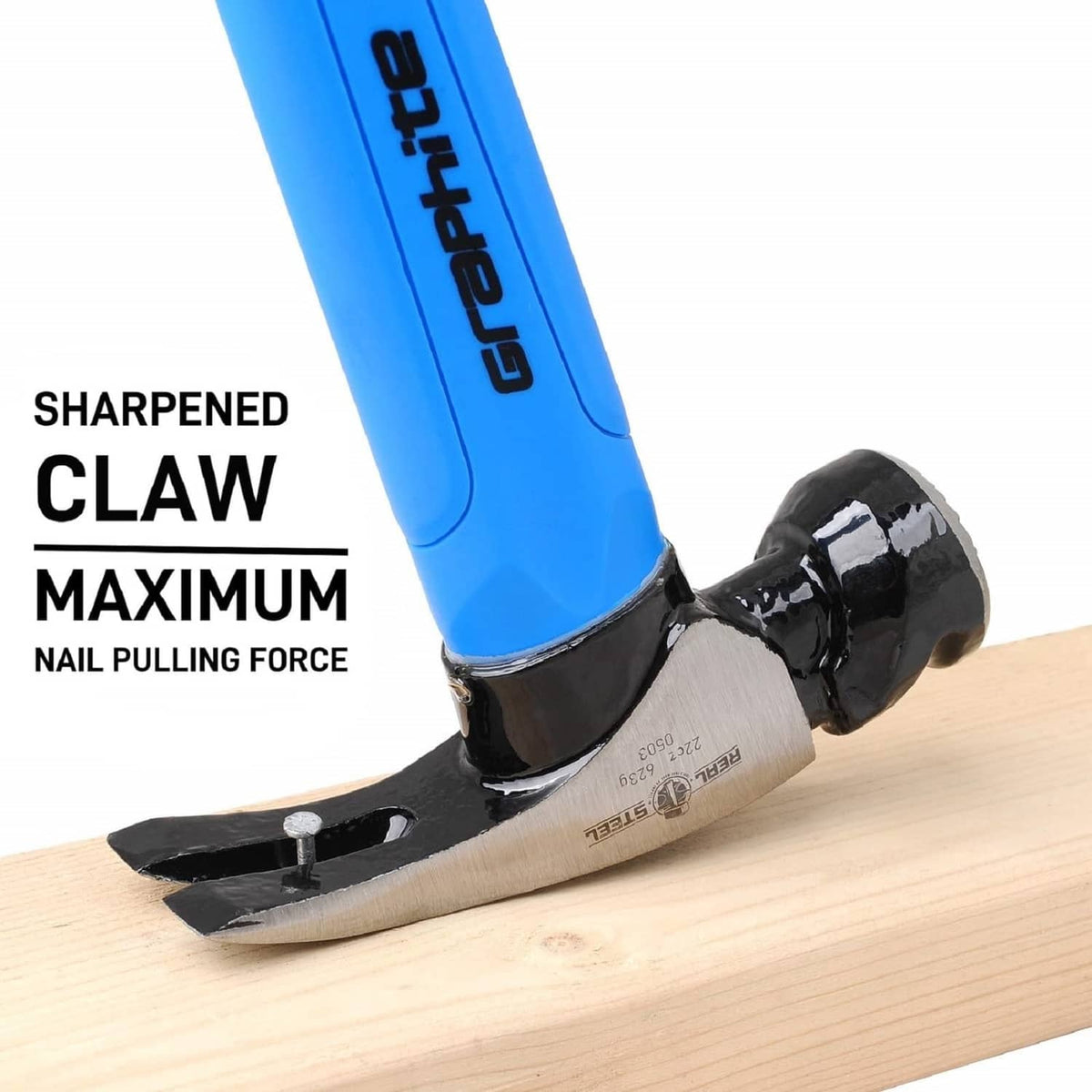 Claw hammer head with sharpened claw and blue handle on light wood