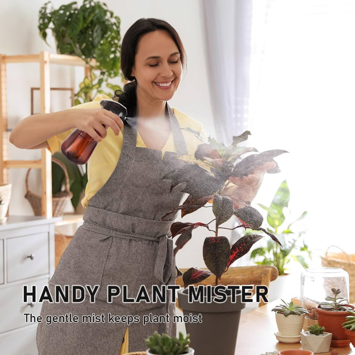 Woman watering houseplants with a brown spray bottle, misting leaves and stems