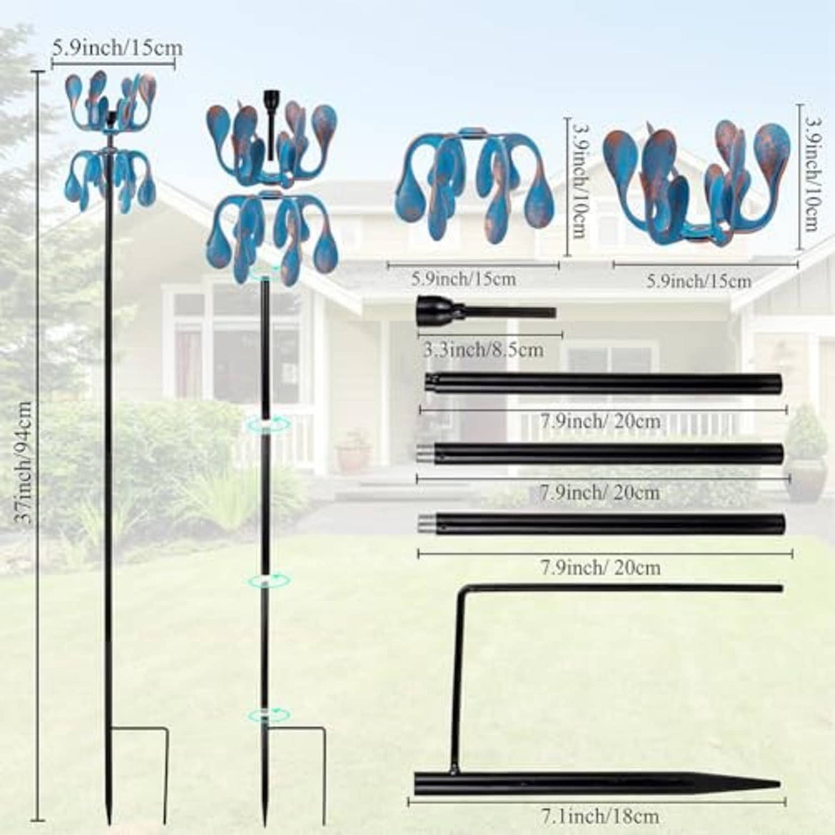 Blue metal wind spinner with curled petal blades and black stake components