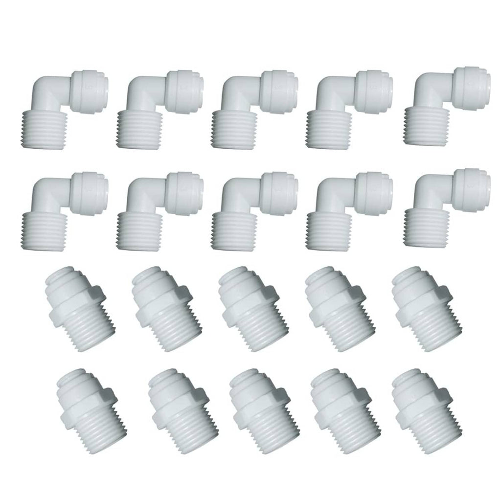 White quick-connect male elbow adapters, threaded ends, for 3/8 in OD tubes