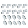 White quick-connect male elbow adapters, threaded ends, for 3/8 in OD tubes