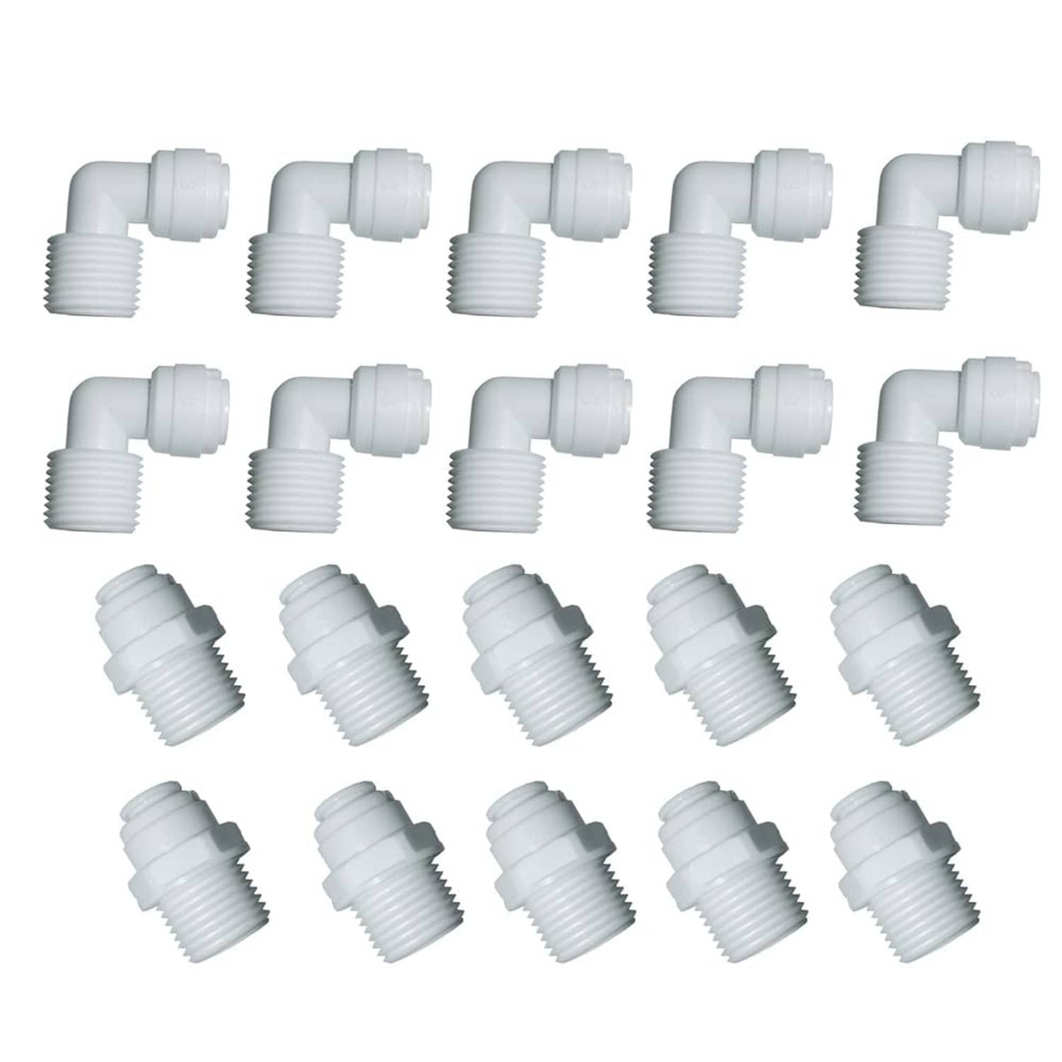 White quick-connect male elbow adapters, threaded ends, for 3/8 in OD tubes