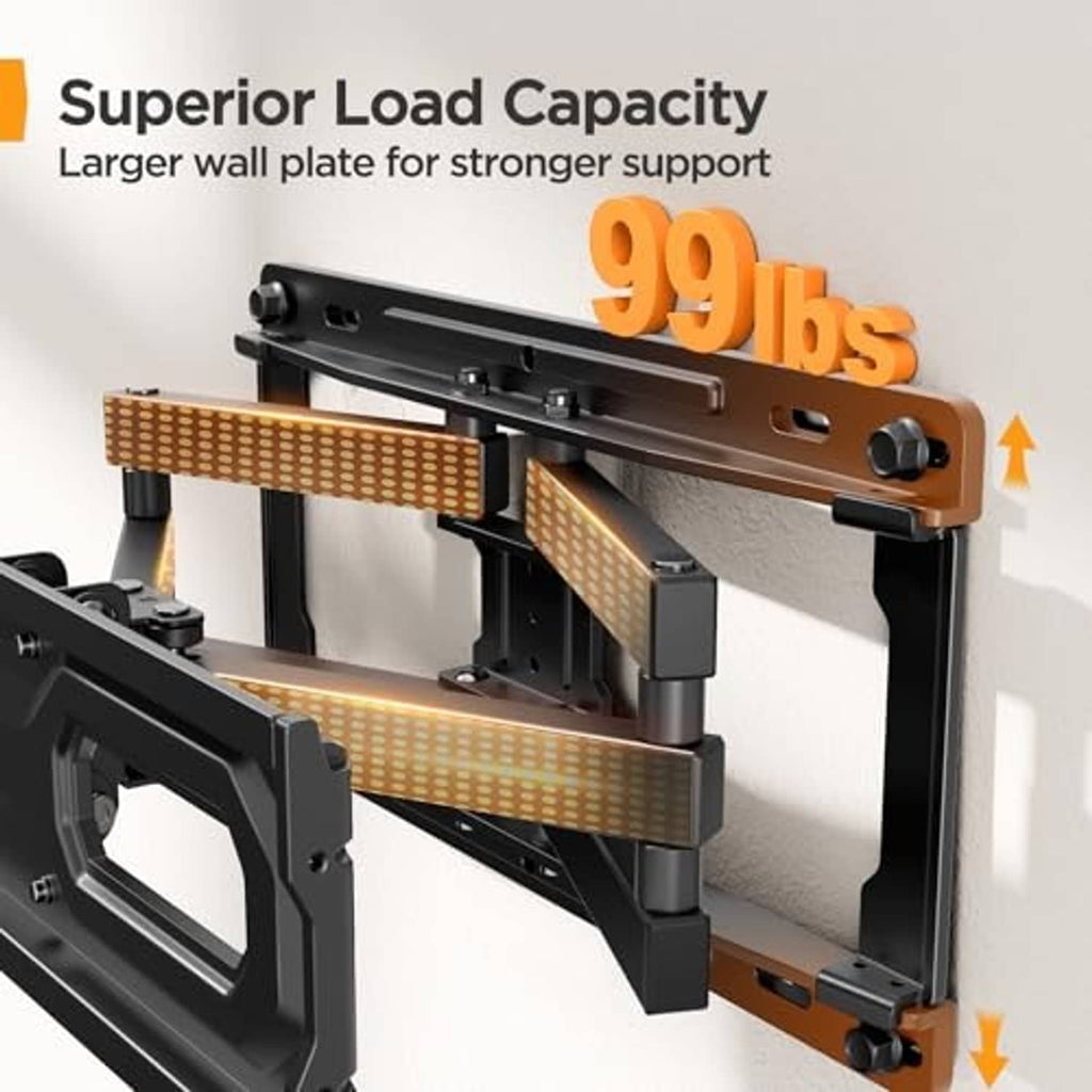 Full-motion TV wall mount with large wall plate and reinforced support arms