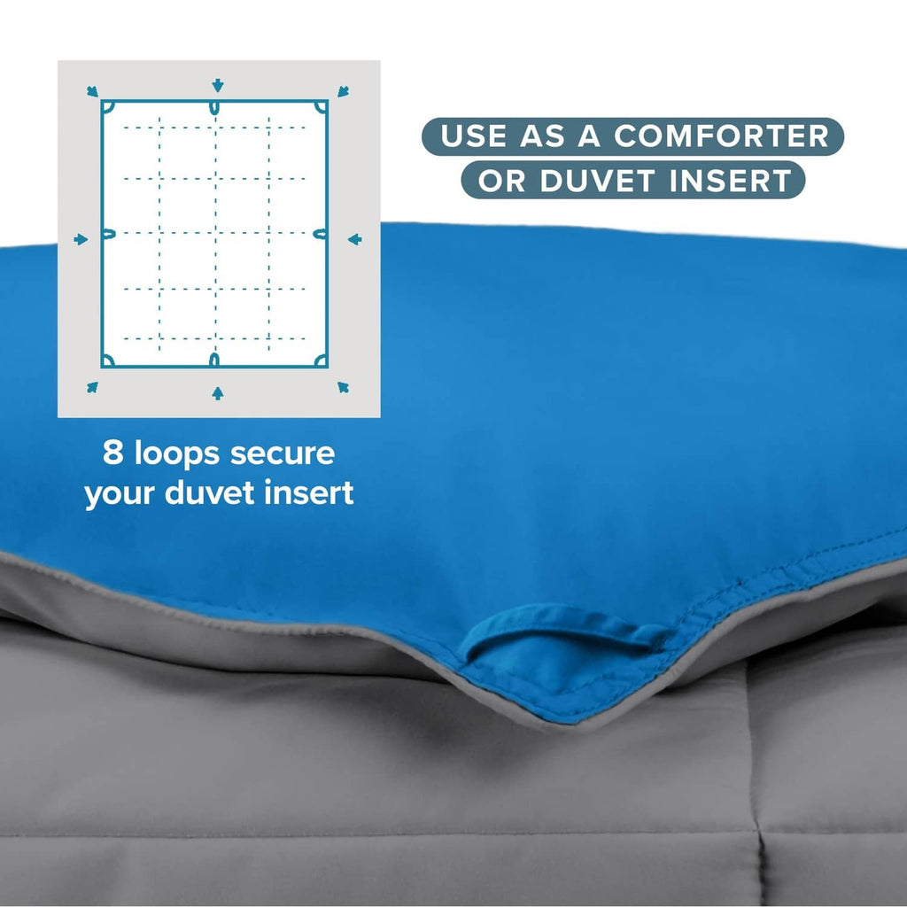 Twin XL comforter corner detail with blue shell and grey inner baffles
