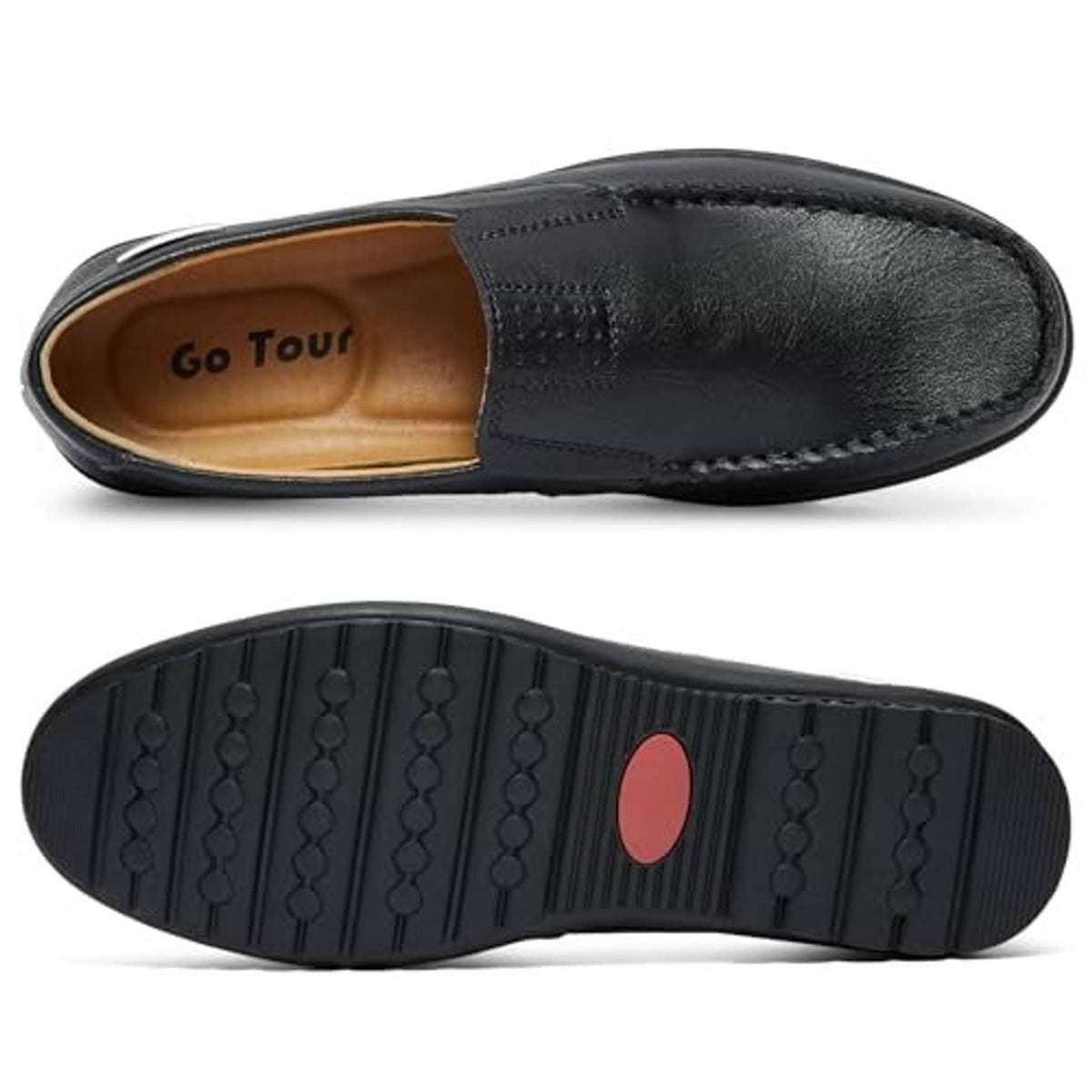 Black slip-on loafers with tan interior and treaded rubber outsole with red accent